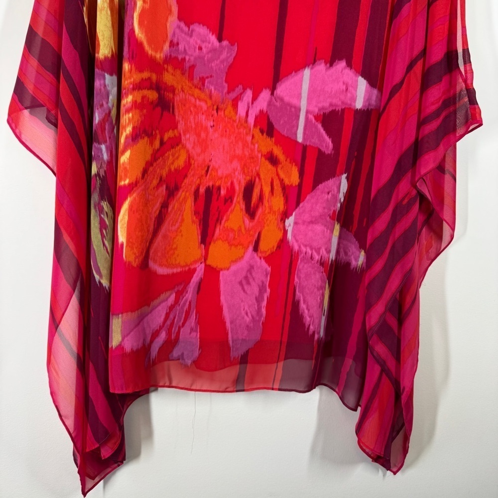 Colebrooke by Windsmoor Red Floral Stripe Poncho Blouse Size Small Sheer Overlay - Picture 5 of 12